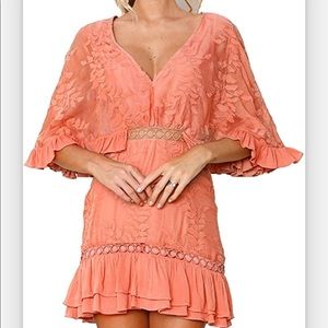Simplee Women's Elegant Flare Sleeve Floral Casual Mini Dress Orange Coral
